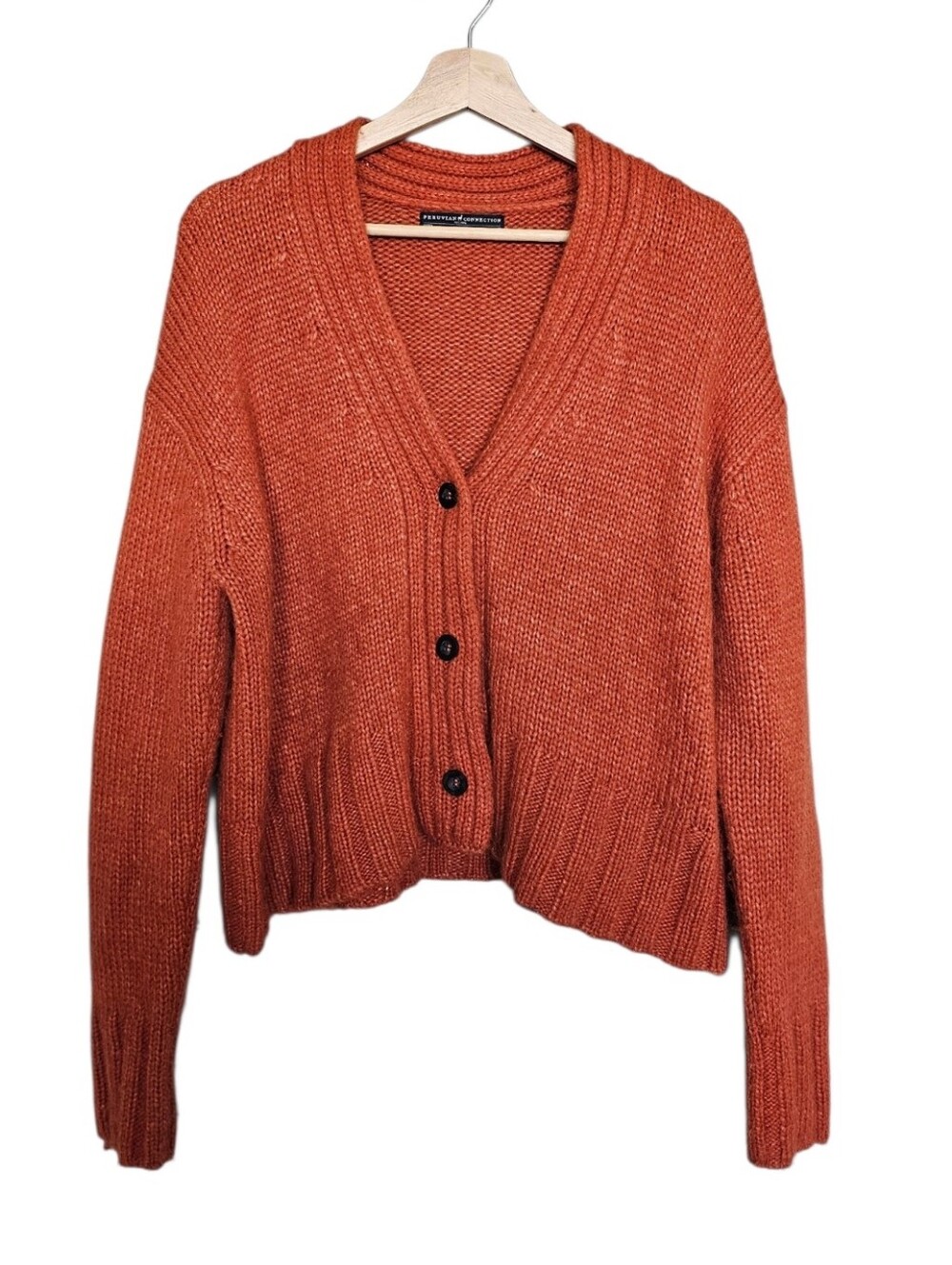 Peruvian Connection Alpaca Blend Rust Orange V‑Neck Button Cardigan